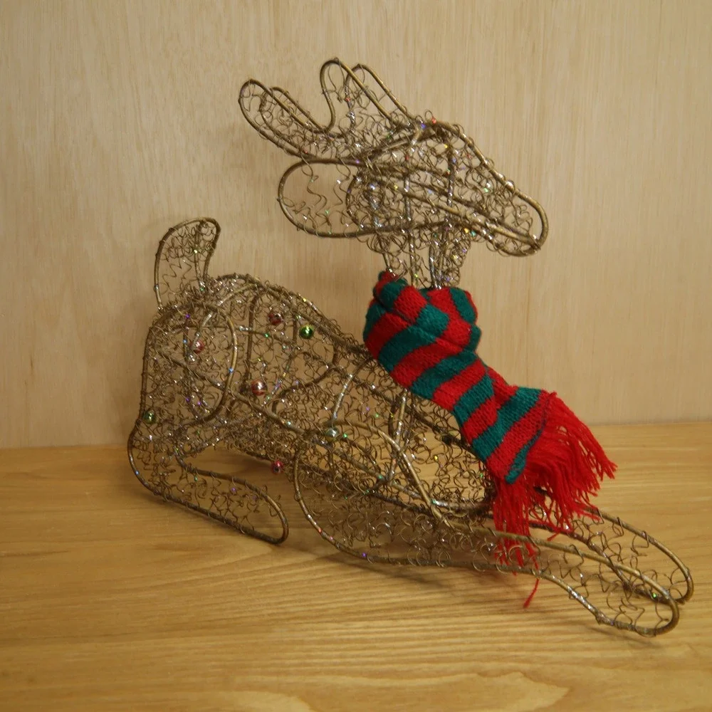 Gold Wire Reindeer Figurine Christmas Decor Glitter Ornaments Scarf 13 Inch